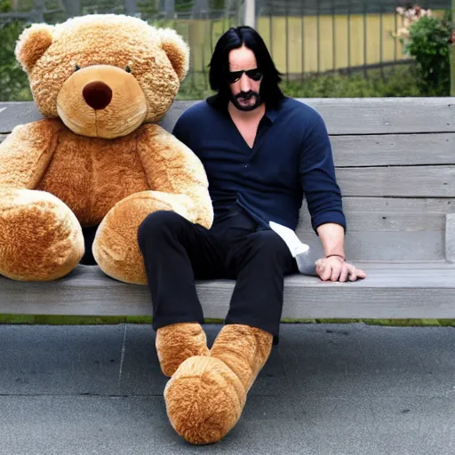 Prompt: sad keanu sitting on bench with huge stuffed teddybear, wide angle