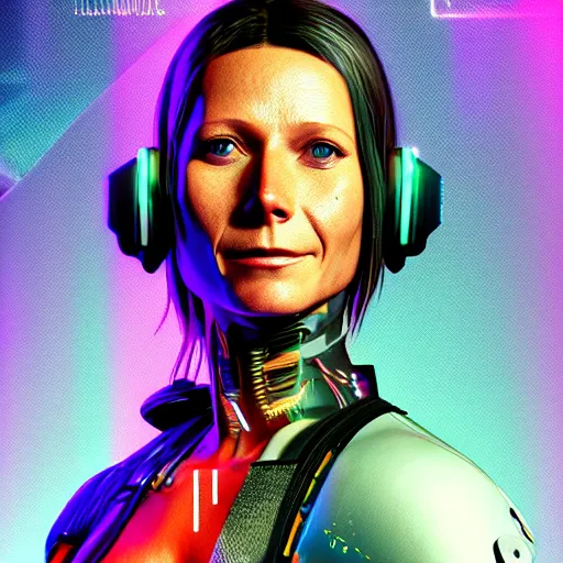 Prompt: gwyneth paltrow portrait, cyberpunk 2 0 7 7, cyberpunk judy alvarez, photorealistic, ultra detailed, neon, octane, bokeh, cinematic lighting, cyber, cyberpunk city, studio quality, feature, scars, cyberface, 8 k