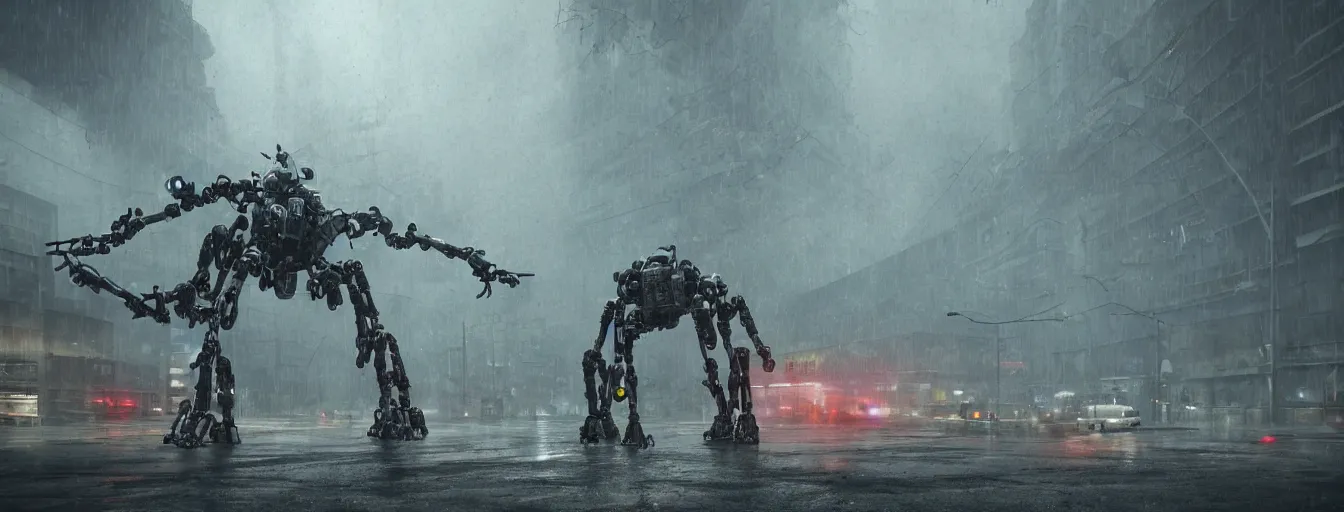 Prompt: snapshot of scene, where terrific and creepy gigantic 8 legs spider mech robot with volumetric lights, running and hunting remaining humans in a heavy rainy post - apocalyptic world, high detail, motion blur, ground fog, saturated colors, by james paick, render unreal engine - h 7 0 4