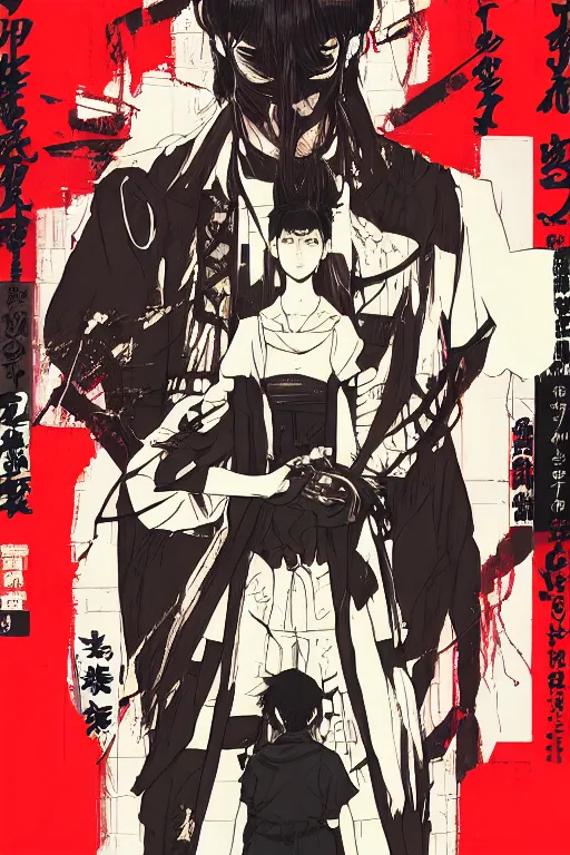 Image similar to professionally drawn seinen mature cyberpunk detective horror action manga comic cover about hinduism buddhism, full color, beautifully drawn coherent professional, drawn by ilya kuvshinov, ilya kuvshinov, satoshi kon and tsutomu nihei. japanese script kanji hiragana on the cover. simplistic minimalist stylized cover art. cel shaded