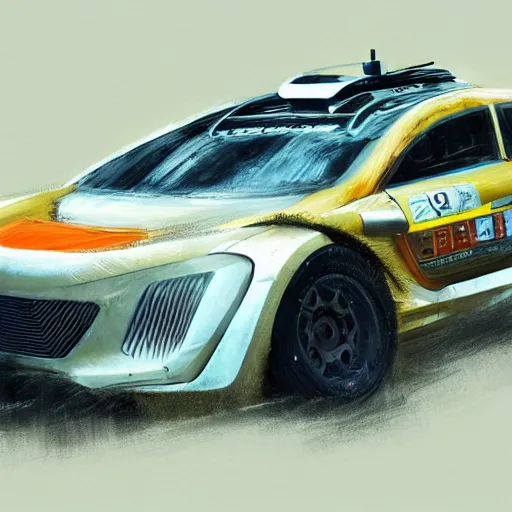 Prompt: redesigned rally car as new, elegant, digital painting, concept art, smooth, sharp focus, art style from Wang Ke and Greg Rutkowski and Bruce Kaiser and Scott Robertson and Dmitry Mazurkevich and Doruk Erdem and Jon Sibal, small style cue from Blade Runner and Minority Report and iRobots