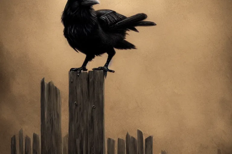 Prompt: a raven sitting on a fence post, grimdark matte fantasy painting, cinematic lighting, DeviantArt Artstation, by Brom and Linda Ravenscroft