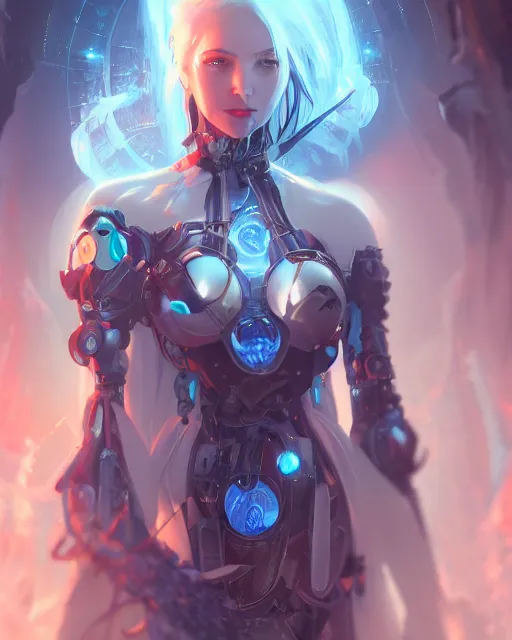 Image similar to holy cyborg necromancer girl, elegant, scifi, futuristic, utopia, garden, illustration, atmosphere, top lighting, blue eyes, white hair, focused, artstation, highly detailed, art by yuhong ding and chengwei pan and serafleur and ina wong