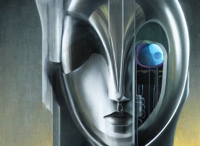 Image similar to a portrait headshot of sci fi metallic human, bright eyes, melancholic complex geometric figure liminal machinery by oskar schlemmer, moebius, john berkey, cinema grain, oil on canvas, portrait facial head, featured on artstation, hd wallpaper