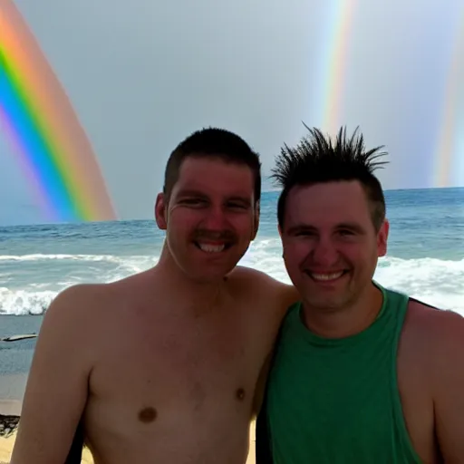 Prompt: two men on a beach wearing n 9 5 s, with a rainbow in the background, photograph