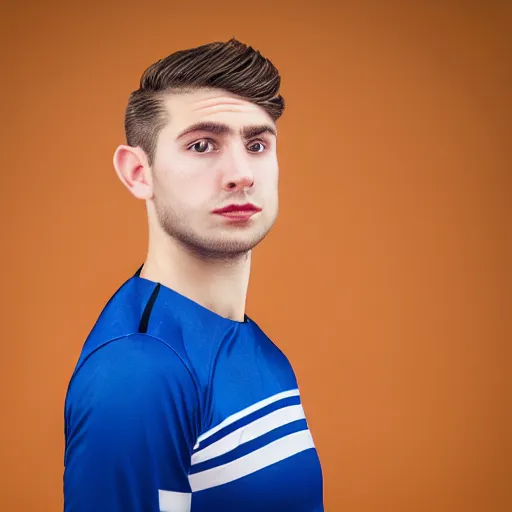 Image similar to a portrait of a young Caucasian man with short brown hair that sticks up in the front, blue eyes, groomed eyebrows, tapered hairline, sharp jawline, wearing a volleyball jersey, sigma 85mm f/1.4, 15mm, 35mm, 4k, high resolution, 4k, 8k, hd, highly detailed, full color, Kodak Kodachrome Film