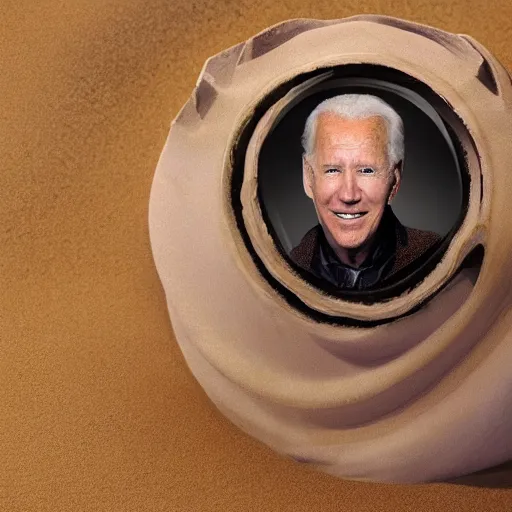 Image similar to dune sandworm emerging from sand with a photorealistic face of Joe Biden; 4k