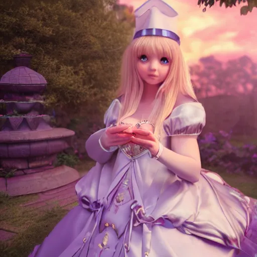 Image similar to a very detailed, ultra-realistic, pleasant, beautiful, funny, smooth 3D CG render, semirealistic anime style, close-up of a gorgeous, cute, gentle, noble priestess magician princess girl wearing dress and jewelry, in a glorious magic kingdom with castle and walls, relaxing calm vibes, fairytale, octane render