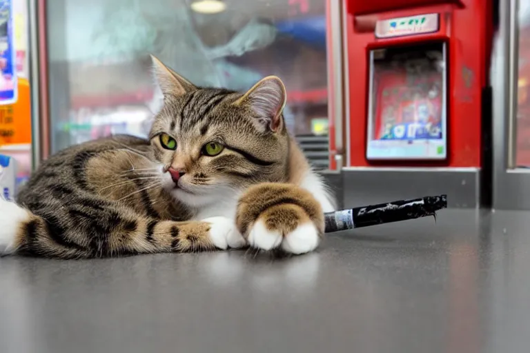 Prompt: cat smoking a cigarette in 7 - eleven wide angle lens