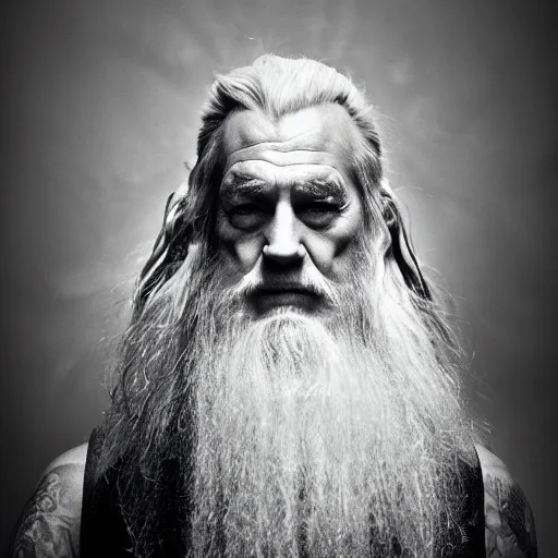 Image similar to Gandalf the grey with tattoos and a mohawk, studio portrait photography, moody lighting