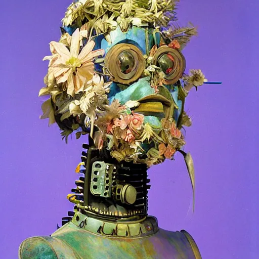 Image similar to a sculpture of a robot wearing a mask made of flowers, by annie swynnerton and diego rivera, symbolist, dramatic lighting, elaborate geometric ornament, art brut, soft cool colors, smooth, sharp focus, extremely detailed, adolf wolfli and dan munford