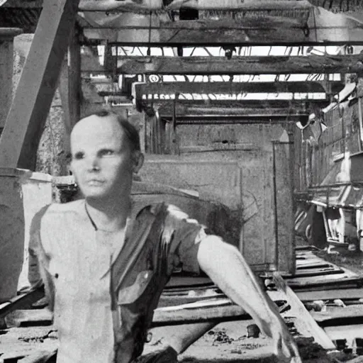 Image similar to the disembodied spirit of a dangerous railroad worker, Boxcar on the railroad, Cinematic, 35mm, film still from horror movie