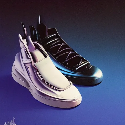 Image similar to futuristic balenciaga and vetements sneakers on gradient background, ultra rendered extreme realism and detail, 8 k, highly detailed, realistic, refined, bautiful, fine art photography, hyper realistic, in the style of greg rutkowski, by artgerm, by gustave dore, by marco turini, photorealistic, elegant, sharp focus, artstation,