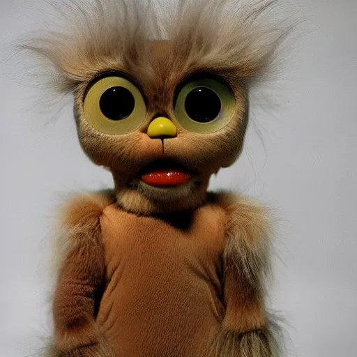 Prompt: photo of a long Furby with no fur and it's skin is raw chicken skin, from Eraserhead