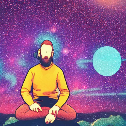 Image similar to a calm man sitting in space listening to music, synthwave, retro, acrylic art blurry background, depth of field,