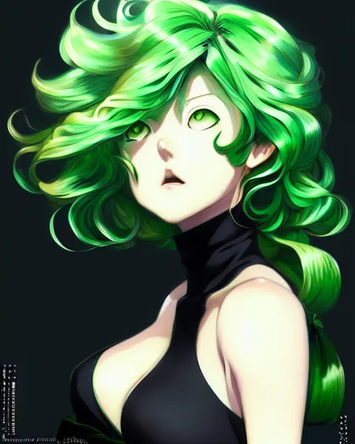 Image similar to tatsumaki from one punch man, green wavy hair, black dress, fine details, sharp focus, intricate, realistic shaded perfect face, by cushart krenz makoto shinkai artgerm ilya kuvshinov rossdraws