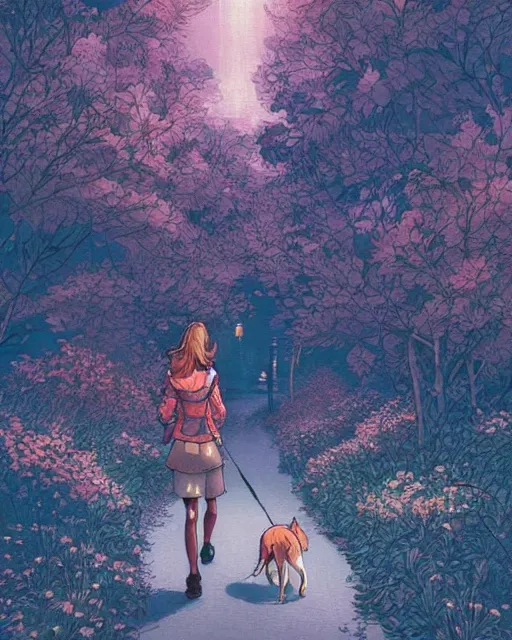 Prompt: a girl walking her small dog at the park, full shot, facing forward, ambient lighting, detailed, art by ayami kojima, makoto shinkai, kilian eng