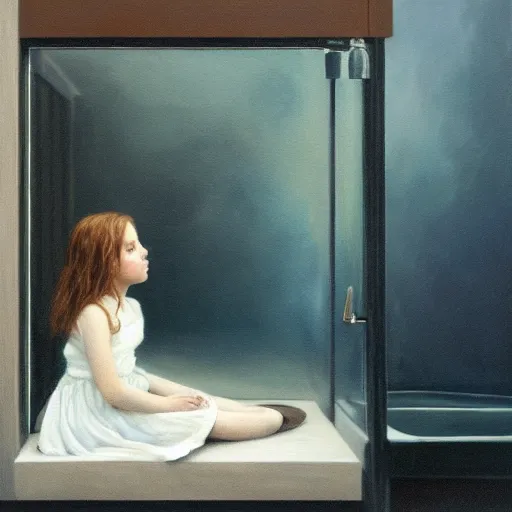 Prompt: oil painting of girl sitting in fish tank drowning alone. she is wearing a white dress and has long brown hair. by aron wiesenfeld. blue and dark tones.