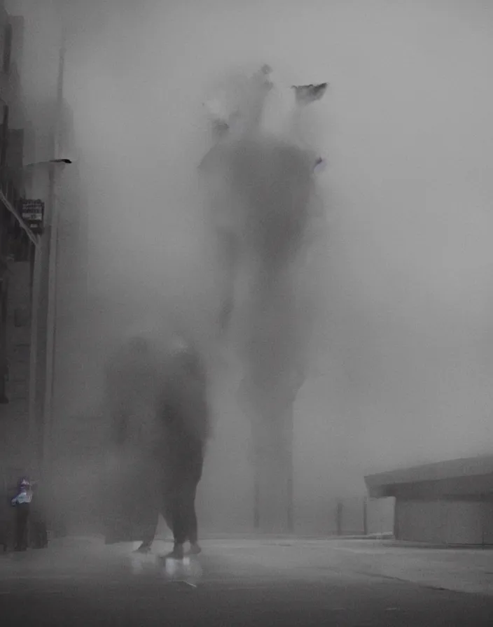 Prompt: very low - resolution found footage of a couple escaping in the city from a starfish kaiju monster, fog, foggy, korean film noir, monochrome, red hue, thriller, underdeveloped, epic, dramatic