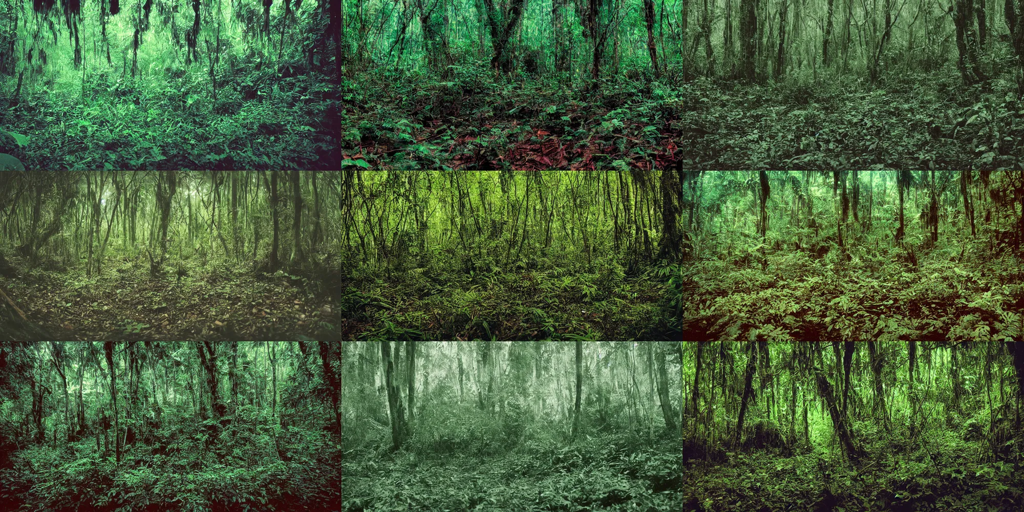 Prompt: Photograph of an alien landscape shot on a middleformat camera, clearing inside a jungle, wide range of colors, wideangle