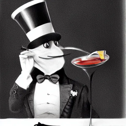 Prompt: Photograph of a gecko in a top hat smoking a cigar, holding a martini