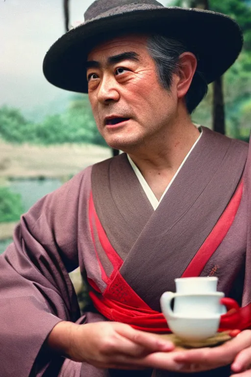 Prompt: Kodak portra 160, 4K, portrait: famous french politician in low budget kagemusha movie remake, tea ceremony scene