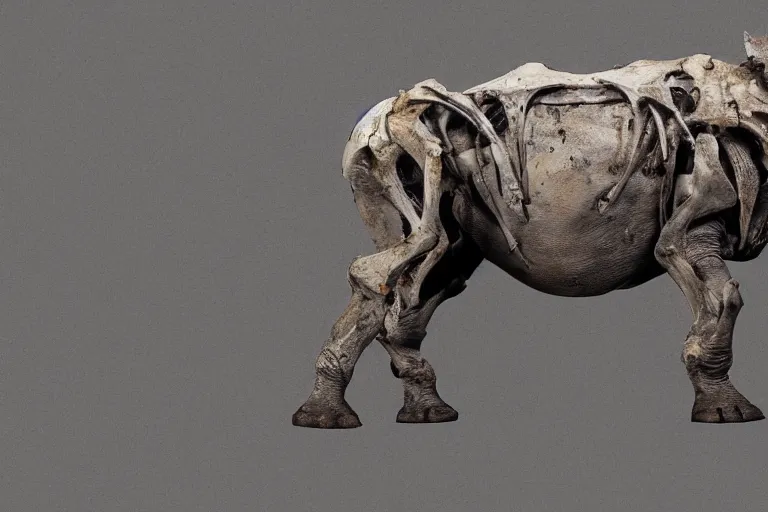 Prompt: a cinematic view of the entire skelleton of a rhino made of stained bones, true realistic image, detailed image