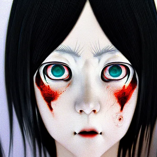 Prompt: i see you palp by junji ito, green red black blue eyes and long black hair by junji ito, painted by junji ito, rtx reflections, octane render 1 2 8 k, extreme high intricate details by junji ito, digital anime art by junji ito, wide shot, composition by tom bagshaw, lighting by stable diffusion