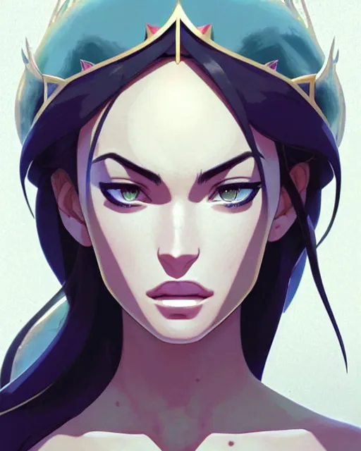 Prompt: azctec queen, megan fox, gemstone forehead, detailed perfect face, exquisite details, fire magic, mid view, design on a white background, by studio muti, greg rutkowski makoto shinkai takashi takeuchi studio ghibli