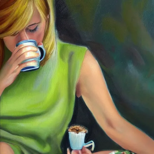 Image similar to Tinkerbell drinking coffee in short green dress with tattered hem, bare feet, hungover, detailed oil painting by Jasmine Beckett-Griffith