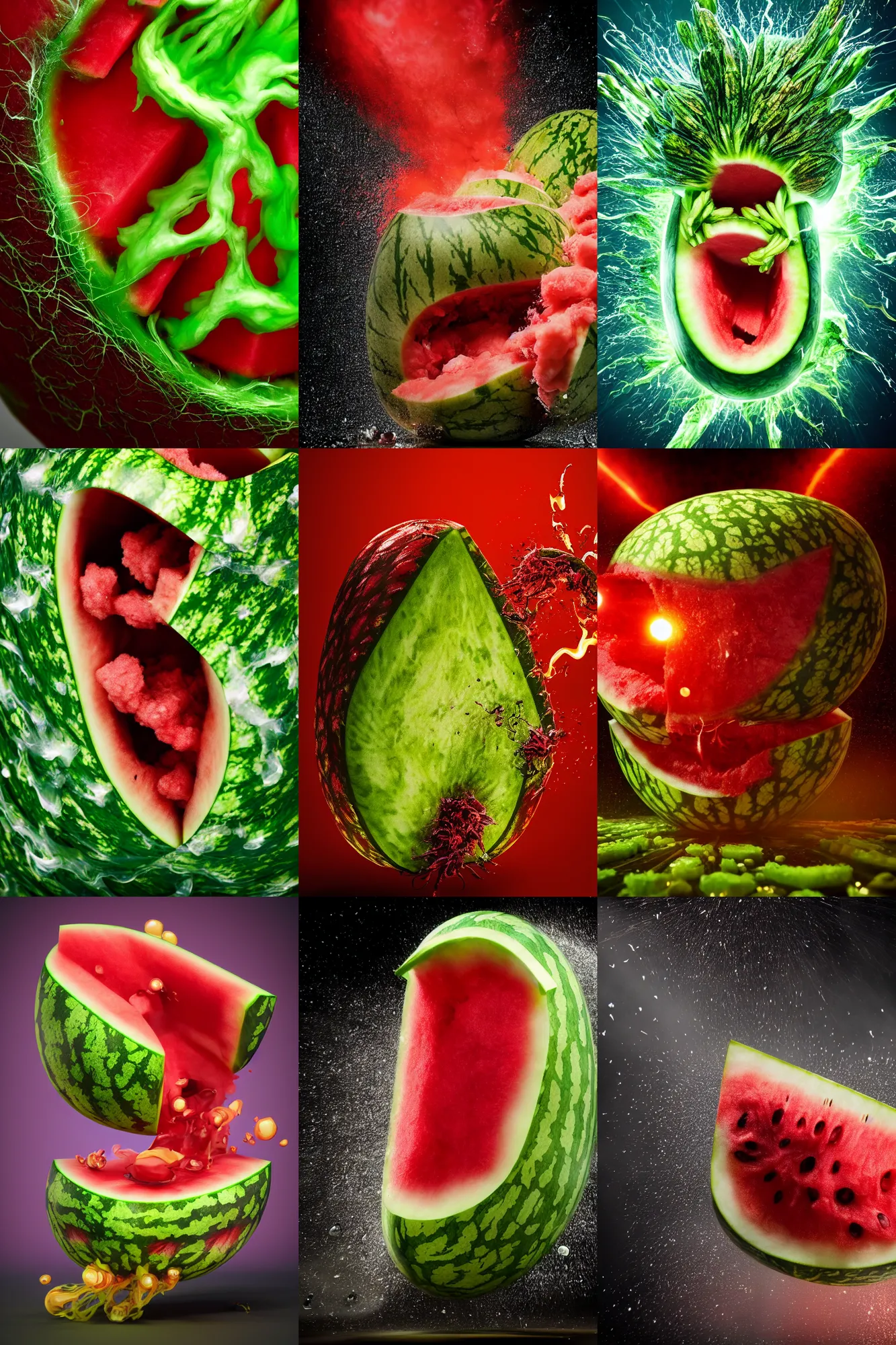 Prompt: high-speed photography of a watermelon monster exploding, high detailed, 8k, 12k, trending on artstation, unreal render