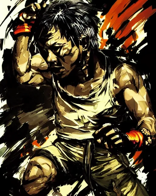 Prompt: Tony Jaa getting ready to fight in the style of Yoji Shinkawa, in the style of leonard boyarsky, detailed illustration