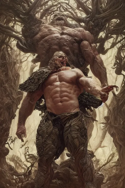 Image similar to portrait of george w bush as a hulking herculean demon, forest, godlike, full body, fantasy, intricate, elegant, highly detailed, digital painting, artstation, concept art, sharp focus, illustration, art by artgerm and greg rutkowski and alphonse mucha