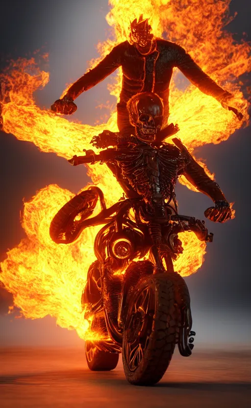 Prompt: ghost rider, highly detailed, standing, flames around body, face in focus, facing forward, smooth, sharp focus, 3D render, Octane render + unreal render, high definition, 8k, volumetric lighting