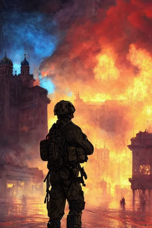 Prompt: special forces soldier with ukrainian blue and yellow patch on the foreground watching red square burn in the background, d & d, fantasy, bright atmosphere, volumetric lights, intricate, elegant, extremely detailed, digital painting, artstation, concept art, matte, smooth, sharp focus, hyper realistic, illustration, art by artgerm and greg rutkowski and alphonse mucha