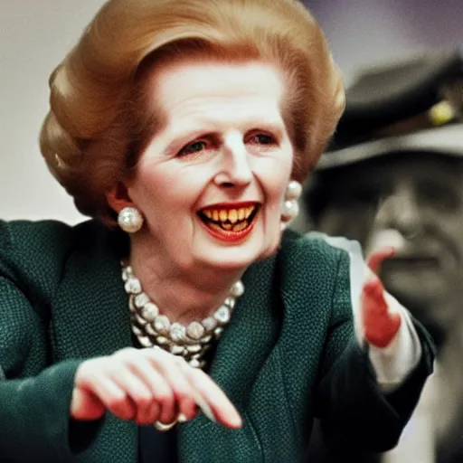 Prompt: margaret thatcher pointing and laughing at coal miners