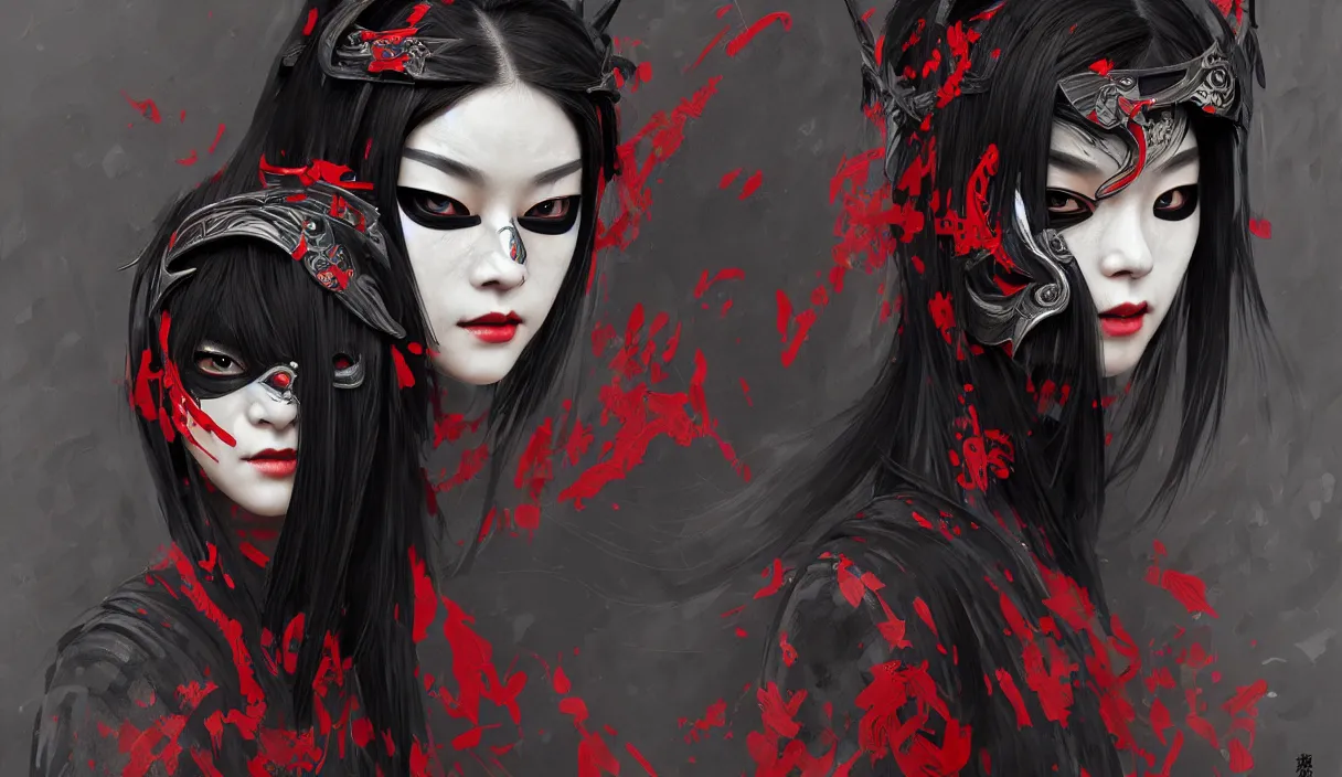 Image similar to portrait ninja mask female + smoky eyes, matt black red color ninja wardrobe in ruined yasukuni shrine, ssci - fi and fantasy, intricate and beautiful and elegant, highly detailed, digital painting, artstation, concept art, smooth and sharp focus, illustration, art by tian zi and wlop and alphonse mucha