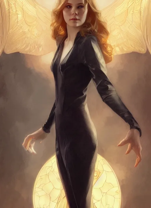 Image similar to Erin Moriarty as Lucifer morningstar, slight smile, highly detailed, digital painting, artstation, concept art, sharp focus, illustration, art by wlop and J. C. Leyendecker and Edmund Bliar Leighton and Charlie Bowater