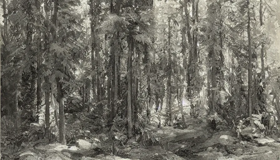 Image similar to a beautiful forest illustrated by eugene von guerard, ivan shishkin, john singer sargent