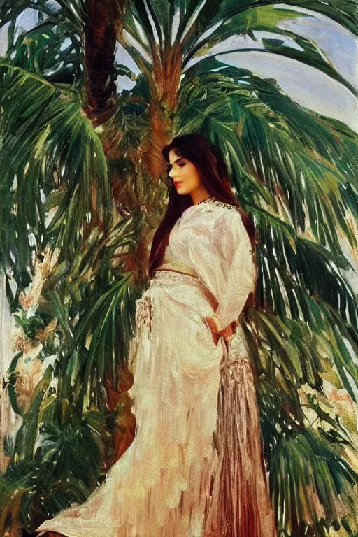 Image similar to gorgeous iranian girl with detailedly skirt lay down on a detailed persian carpet, tree palms in background, painting by john singer sargent