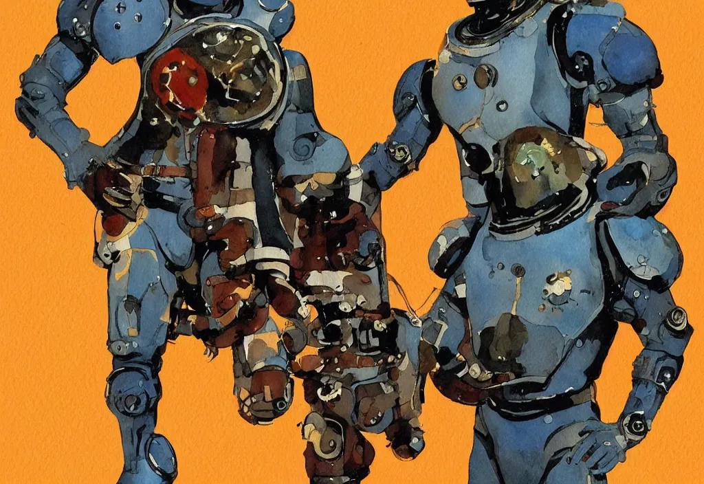 Image similar to male, full body, modern space suit, very stylized character design, large shoulders, short torso, long thin legs, tiny feet, science fiction, hyperdetailed, technical suit, space marine, watercolor digital painting, by mike mignola, by alex maleev, jean giraud, painted by leyendecker