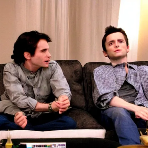 Prompt: john travolta and elijah wood sitting on a couch playing xbox ps 2