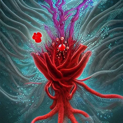 Image similar to a beautiful but creepy and haunting flower with a glowing red heart, growing deep under the sea. Digital art, detailed and intricate, beautiful, haunting