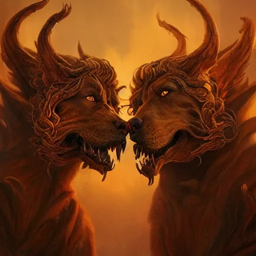 Prompt: majestic terrifying cerberus portrait, gates of hades, atmospheric lighting, painted, menacing, intricate, volumetric lighting, beautiful, rich deep colours masterpiece, golden hour, sharp focus, ultra detailed, by leesha hannigan, ross tran, thierry doizon, kai carpenter, ignacio fernandez rios