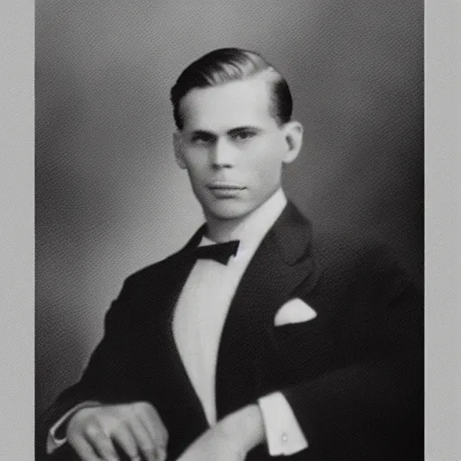 Image similar to A photograph portrait of Jerma985 wearing a suit with short slicked hair in the early 1930s, taken in the early 1930s, grainy, taken on a early 1930s Kodak Camera, realistic, hyperrealistic, very realistic, highly detailed, very detailed, extremely detailed, detailed, digital art, trending on artstation