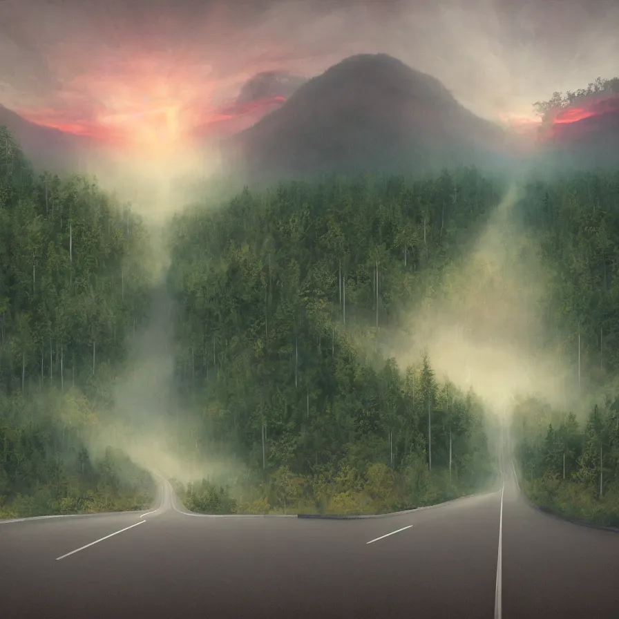 Prompt: surrealist semiabstract rendition of a highway road going down to the horizon through a thick forest and a rocky mountain coast pluging into an immense sunset. atmospheric landscape, soft tones, psychedelic, ultra realistic, concept art, modern art, photorealistic, octane render, 8 k. art by nori inoguchi and sam kaplan and zachary goulko and christopher marley