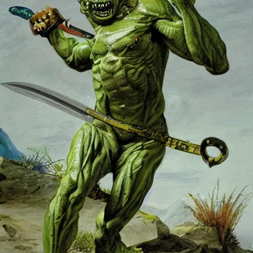 Image similar to dog - faced muscular goblin, ugly face, lizard tail, holding scimitar made of bone, scimitar, sword, jagged sword, curved sword, orkish sword, colorized, green skin, hyper - detailed, primeval fantasy, prehistoric fantasy, art by jacques - louis david