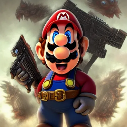 Prompt: cute little Super Mario in Gears of War cover art, ultra wide lens shot , tiny, small, short, cute and adorable, pretty, beautiful, DnD character art portrait, matte fantasy painting, DeviantArt Artstation, by Jason Felix by Steve Argyle by Tyler Jacobson by Peter Mohrbacher, cinematic lighting