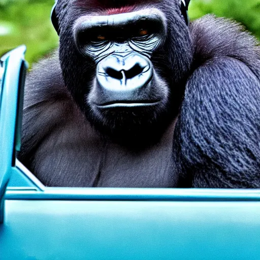 Prompt: color photo of a gorilla wearing headphones driving a jeep in the 8 0's. blue sky in the background