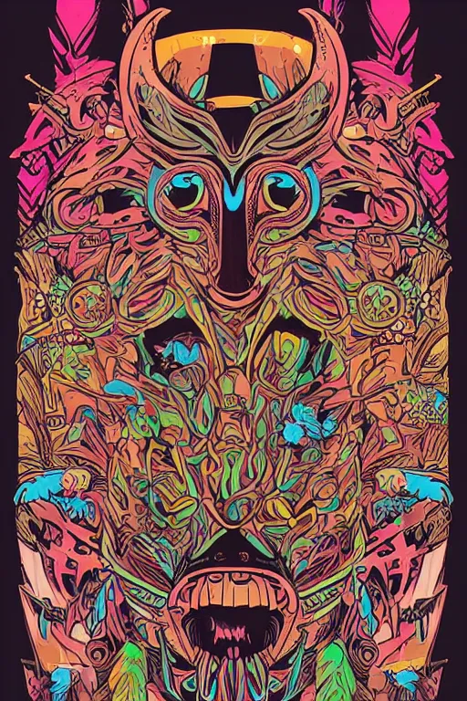 Image similar to animal mask totem roots flower tribal feather gemstone plant wood rock shaman vodoo video game vector cutout illustration vivid multicolor borderlands comics by josan gonzales and dan mumford radiating a glowing aura